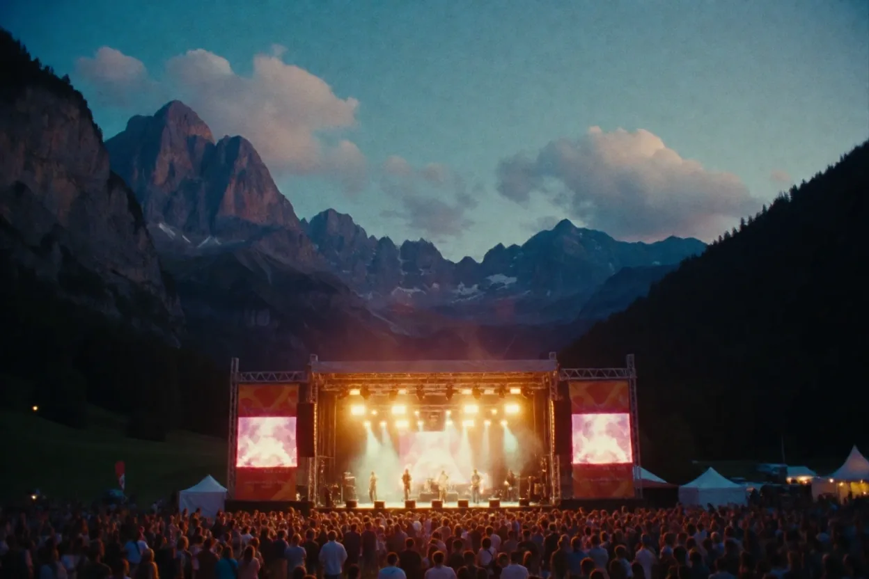 Schweizer Festival-Landschaft bei Dämmerung
