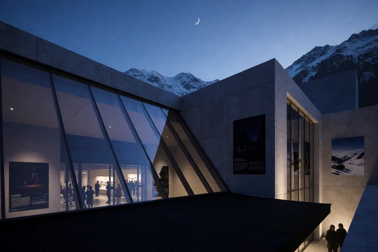 Schweizer Museumsarchitektur bei Dämmerung